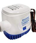 Front view of Automatic Submersible Bilge Pump For Boats, 12V 1100 GPH with Built-In Float Switch, blue and white housing