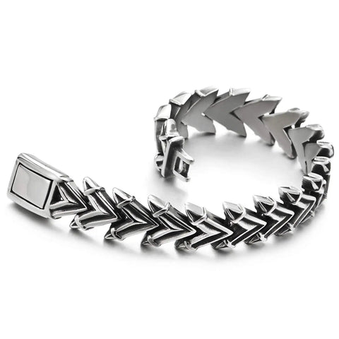 Mens Stainless Steel Vintage V Shape Arrowhead Link Bracelet With Box Spring Clasp Biker Style Polished And Blackened Finish 8.46 Inch Length 0.59 Inch Wide Heavy 91.4g