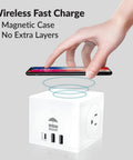 Smart Wall Mount 3 In 1 Power Strip With Wireless Charging Pad, hand demonstrating wireless charging feature.