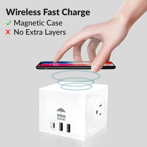 Smart Wall Mount 3 In 1 Power Strip With Wireless Charging Pad, hand demonstrating wireless charging feature.