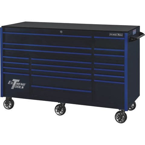 Heavy Duty Rolling Tool Cabinet Featuring Nineteen Spacious Drawers With Full Extension Slides Built Rock Solid For The Shop Rolls Like A Dream On Locking Caster Wheels In Black With Blue Pulls