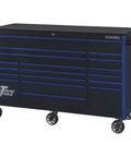 Heavy Duty Rolling Tool Cabinet Featuring Nineteen Spacious Drawers With Full Extension Slides Built Rock Solid For The Shop Rolls Like A Dream On Locking Caster Wheels In Black With Blue Pulls, side view.