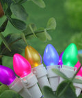 Easter String Lights LED Multi Color Glass C3 Bulbs 50 Count nestled among green foliage, highlighting vibrant party vibes.