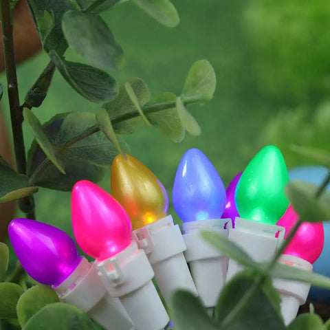 Easter String Lights LED Multi Color Glass C3 Bulbs 50 Count nestled among green foliage, highlighting vibrant party vibes.