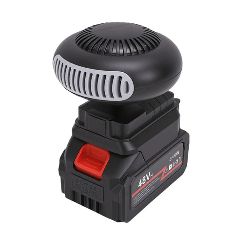 Quick Warm Up Battery Operated Compact Warmer With Anti Tip Safety For Cars Homes Outdoors Dual Rechargeable Lithium Cells Fast Windscreen Defroster That Truly Slays The Winter Chill, featuring a black compact design with a battery base.