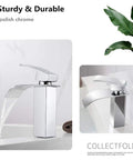 Chrome Waterfall Bathroom Faucet With Single Lever Handle Dope Sleek Deck Mount Lavatory Sink Faucet Modern Commercial Style