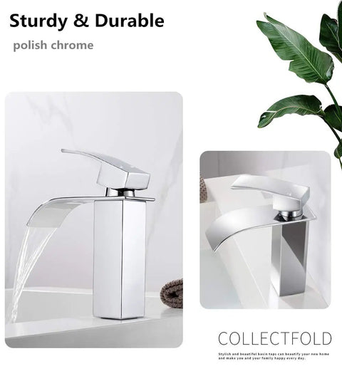 Chrome Waterfall Bathroom Faucet With Single Lever Handle Dope Sleek Deck Mount Lavatory Sink Faucet Modern Commercial Style