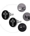 Cross Pattern Black Titanium Steel Cufflinks For Men, polished finish, circle design, close-up view for shirts, ideal for office wear