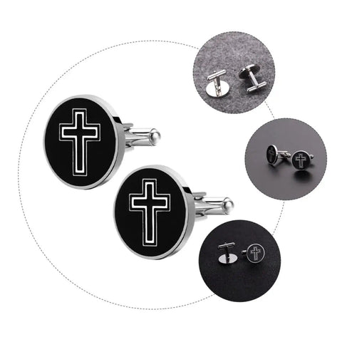 Cross Pattern Black Titanium Steel Cufflinks For Men, polished finish, circle design, close-up view for shirts, ideal for office wear