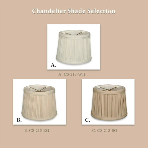 Chandelier shade selection, three beige pleated drum shades for chandeliers and sconces, display with ID labels CS-213-WH, CS-213-EG, CS-213-BG