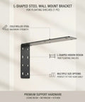 Hidden L Shaped Steel Bracket for Floating Shelves Black Wall Mount Support detail showing cold-rolled steel and concealed design.