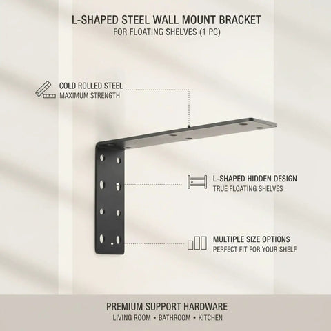 Hidden L Shaped Steel Bracket for Floating Shelves Black Wall Mount Support detail showing cold-rolled steel and concealed design.