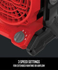 Close-up of the red speed control dial on the 20V Max Cordless Fan Tool Only Red With 3 Speed Settings 240 Degree Pivot Head for Direct Airflow