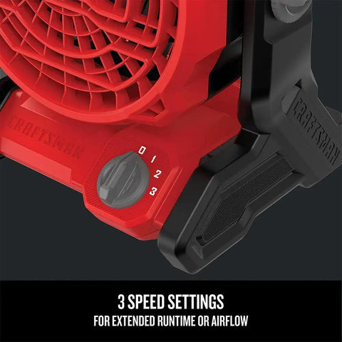 Close-up of the red speed control dial on the 20V Max Cordless Fan Tool Only Red With 3 Speed Settings 240 Degree Pivot Head for Direct Airflow