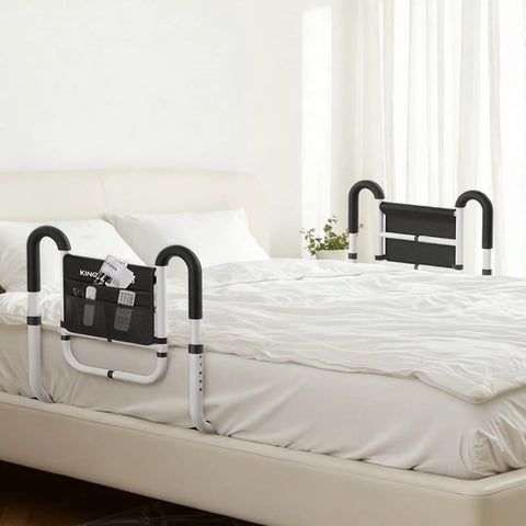 Dual Side Bed Rails For Seniors With 350 Pound Capacity ASTM Approved 4 Bar Anti Tip Frame U Handles on bed with pouch