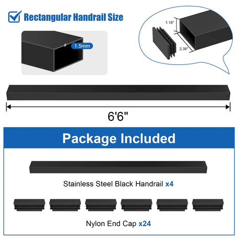 Pro Grade Matte Black Cable Railing Handrail Four Pack 6 Feet 6 Inches Solid Stainless Steel Tubing with dimensions and components.