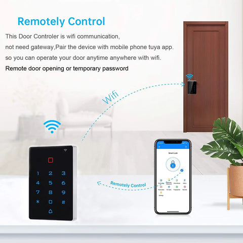WiFi Tuya Access Control Keypad with 125kHz Card and Dope Mobile App Control IP68 waterproof near a door, remote entry system display.