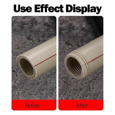 Solid 4 In 1 Water Pipe Threader Set For Fast Internal And External Threading Fits Inch And Inch PvC Pipes showing before and after threading results.