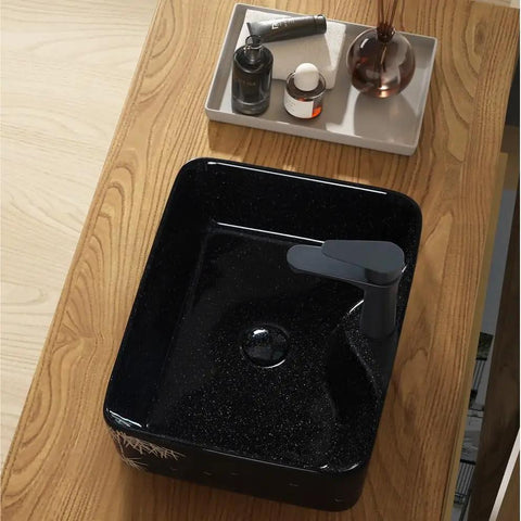 Bathroom Sink Retro Countertop Basin Household Ceramic Wash Basin Bathroom Wash Basin Personalized Hand-Carved Pattern Sink Bathroom Sink Vessel on a wooden surface.