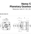 Nema17 Planetary Gearbox Motor Speed Reducer With 5mm Input Shaft And Multiple Ratios detailed technical drawing, reduction ratios 5:1, 10:1, 20:1.