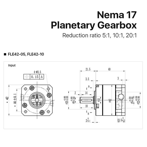 Nema17 Planetary Gearbox Motor Speed Reducer With 5mm Input Shaft And Multiple Ratios detailed technical drawing, reduction ratios 5:1, 10:1, 20:1.