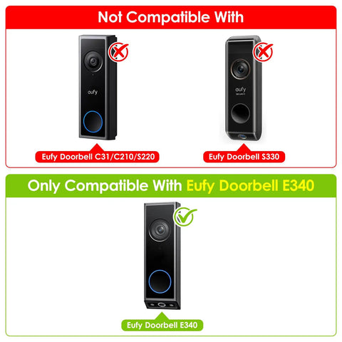 Eufy Doorbell compatibility chart showing models not compatible and compatible with Rock Solid No Drill Adhesive Doorbell Mount For Eufy E340 Only.