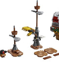 Bowser's Airship Expansion Set for Super Mario buildable ship with unfolding interior and figures shown unassembled on white background