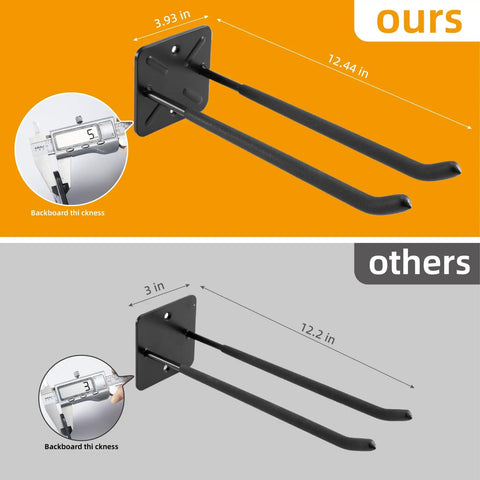 Comparison of Heavy Duty Double Garage Hooks Wall Mount 12.44 Inch Long Utility Hangers showing different dimensions and backboard thickness.