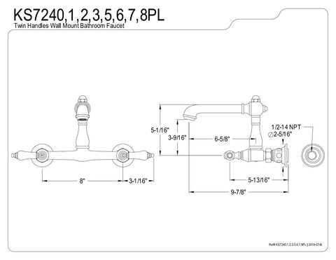 Technical diagram of Wall Mount Bathroom Faucet, Polished Chrome, Built Tough Solid Brass, Drip-Free Ceramic Disc Cartridge, 8-Inch Center