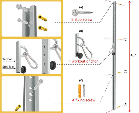 Adjustable Resistance Band Wall Anchor With Auto Locking Mechanism, Forty Inch Built Different Mount System, showing screws and hooks.