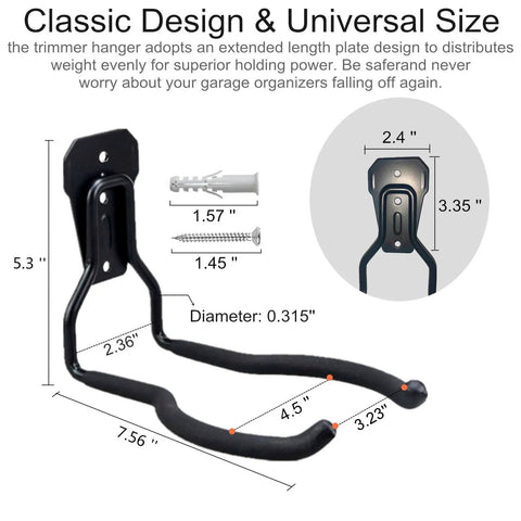 Heavy Duty Steel Weed Eater Wall Mount Hook For Garage Or Shed with dimensions and PVC coating detail shown.