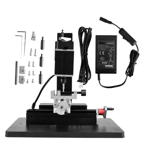 Badass Mini Milling Machine For Wood And Plastic, 12000Rpm Benchtop Lathe, fully metal build with accessories laid out.