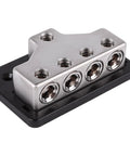 Heavy Duty Car Audio Power Distribution Block With Rock Solid Zinc Alloy Build, 1 Or 4 Gauge Input And Four Outputs With Reducers, Premium Block Cover For Safe Install And Peak Conductivity. zinc alloy 4-output power block with black cover