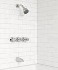 Three Handle Tub And Shower Faucet With Metal Verve Knob Handles In Polished Chrome For A Slick Bath Upgrade Includes 5 Hole Installation Valve And Cartridge Shower Arm And Flange CALGreen And CEC Water Saving