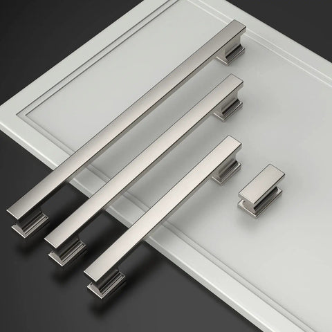 10 Pack Brushed Satin Nickel Cabinet Pulls 7 Inch Hole Centers on white panel, modern sleek look