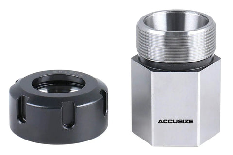 Hardened ER32 Collet Chuck Block For CNC Machines With Slotted Collet Nut Included, Hex Style Precision Tooling, alloy metal close-up.