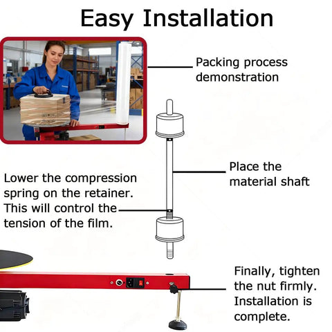 Heavy Duty Electric Stretch Film Dispenser For Pallet Wrapping With Lightning Fast Motor and Auxiliary Turntable installation guide.