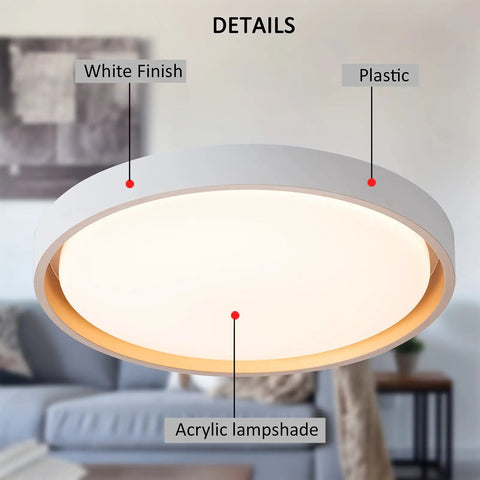 LED Flush Mount Ceiling Light 3000K Warm White, 2110 Lumens, showing white finish and acrylic lampshade in living room