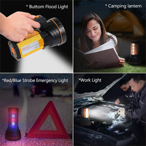 Ultra Bright Handheld Spotlight Flashlight With Lantern Mode showing flood light, camping, strobe, and work light functions