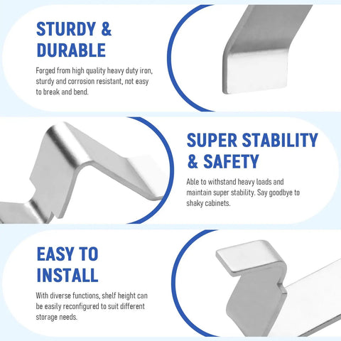 Removable Metal Shelf Support Clips For Universal Cabinet Mounts And Adjustable Shelving Brackets That Slide Right In For A Slick Fit With Rock Solid Heavy Duty Storage Hardware, showing durability and stability.