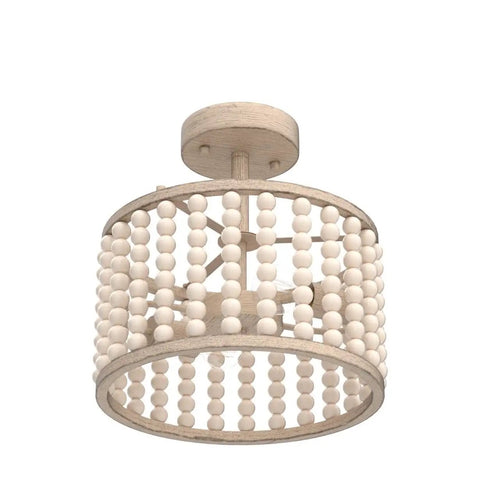 Boho Farmhouse 2 Light Wood Beaded Semi Flush Mount Ceiling Light In Deep Oak Rustic Chandelier for cozy modern interiors