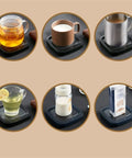 Keep Your Daily Brew Piping Hot With This Smooth Operator Ceramic Coffee Mug Warmer Featuring Fast Ptc Heating Non Slip Base And No Mess Setup Built For Office Or Couch Sweet Sips Always, multiple beverage containers on a black ceramic warmer.