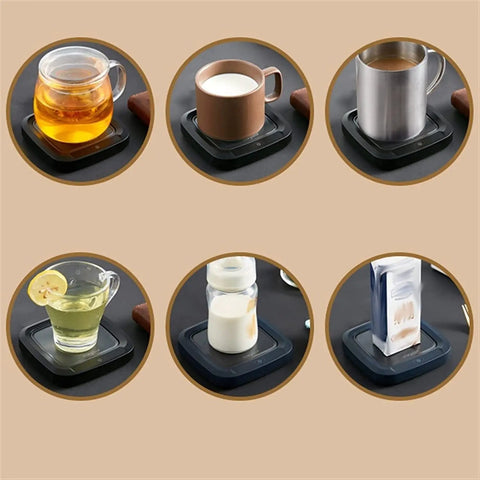 Keep Your Daily Brew Piping Hot With This Smooth Operator Ceramic Coffee Mug Warmer Featuring Fast Ptc Heating Non Slip Base And No Mess Setup Built For Office Or Couch Sweet Sips Always, multiple beverage containers on a black ceramic warmer.