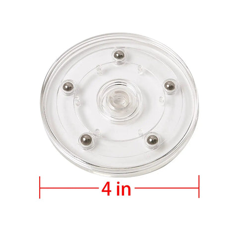Top view of a Two Pack Four Inch Lazy Susan Turntables With Ball Bearing Rotation, clear acrylic tray showing ball bearings.