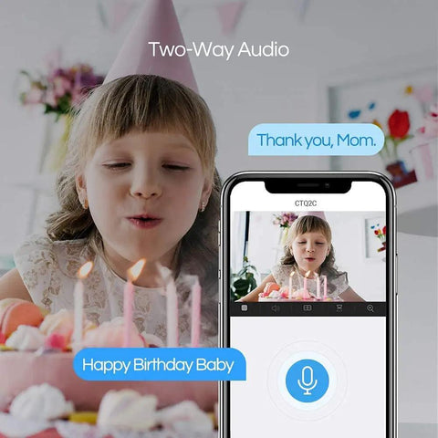 Girl blowing candles on cake with two-way audio message on phone using 1080p Indoor Security Camera With Night Vision And Motion Alerts.