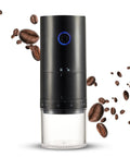 Portable Electric Coffee Grinder With Ceramic Burrs And Digital Scale, Usb Rechargeable Cordless Design For Espresso Drip French Press, sleek black design with beans around.