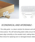 12 Piece Plastic Drawer Guides With Mounting Screws, Center Mount Glide Rails For Dressers And Cabinets next to wooden drawer.
