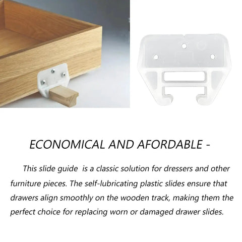 12 Piece Plastic Drawer Guides With Mounting Screws, Center Mount Glide Rails For Dressers And Cabinets next to wooden drawer.
