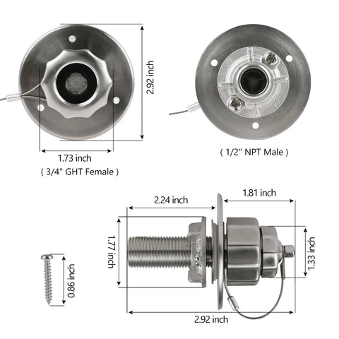 Heavy Duty All Metal RV City Water Inlet With Check Valve For Camper Motorhome Trailer And Marine Use Stainless Steel Water Fill Inlet Replacement Rugged RV Water Connection With Dust Cap, 3/4 GHT female, 1/2 NPT male