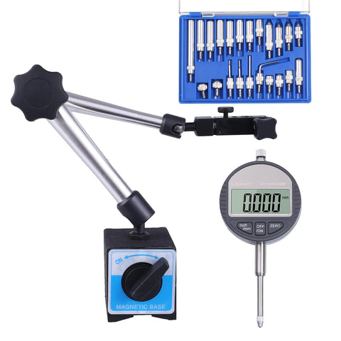 Electronic digital dial indicator with magnetic base and long adjustable arm; includes blue screwdriver bit kit.